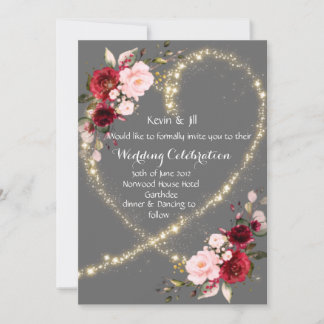 burgundy floral & glitter heart, wedding invite 