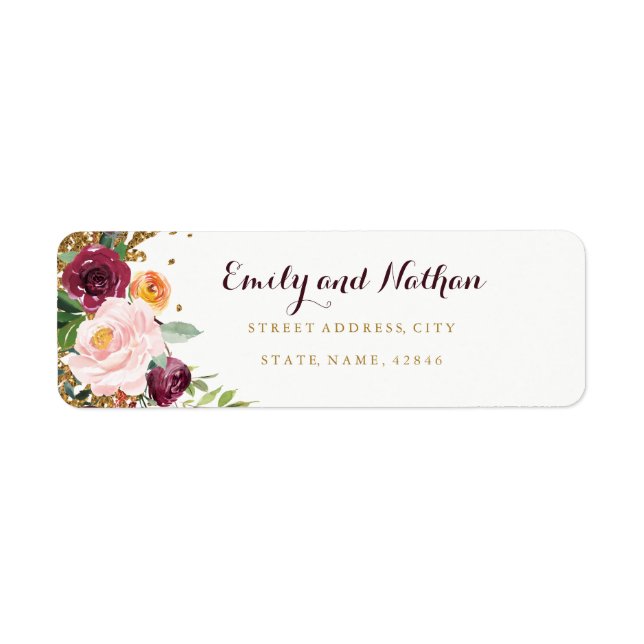 Burgundy Floral Glitter Return Address Label (Front)