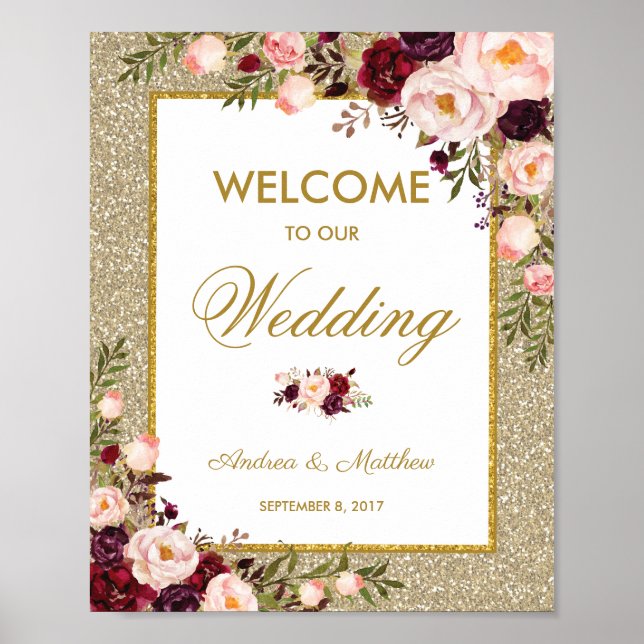 Burgundy Floral Glitter Wedding Welcome Poster (Front)