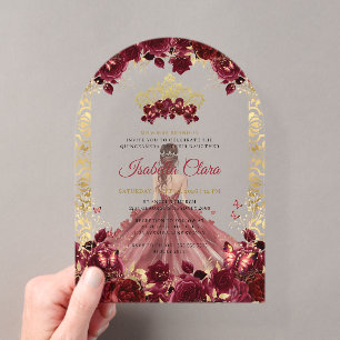 Burgundy Floral Gold Arch Princess Quinceanera Acrylic Invitations