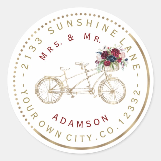 Burgundy Floral Gold Bike Circular Address Label (Front)