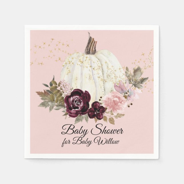 Burgundy Floral Gold Blush Pumpkin Baby Shower Napkin (Front)