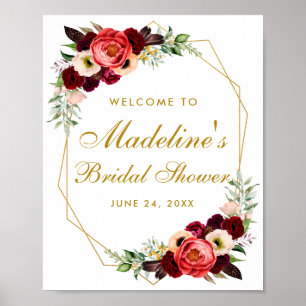 Burgundy Floral Gold Boho Bridal Shower Welcome Poster