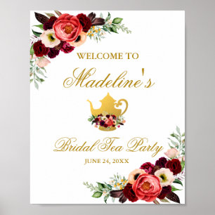 Burgundy Floral Gold Boho Bridal Tea Party Welcome Poster
