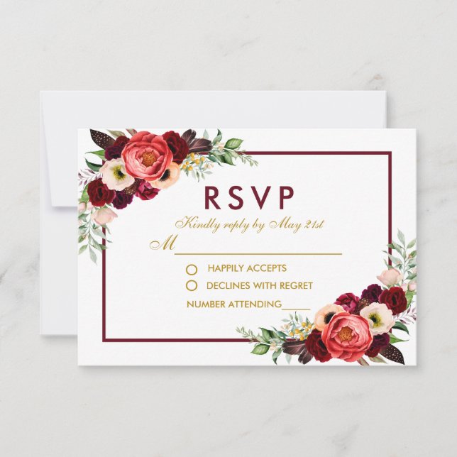 Burgundy Floral Gold Boho Wedding RSVP (Front)