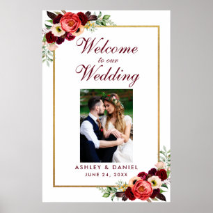Burgundy Floral Gold Boho Wedding Welcome Photo Poster