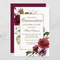 Burgundy Floral Gold Border Quinceanera Party