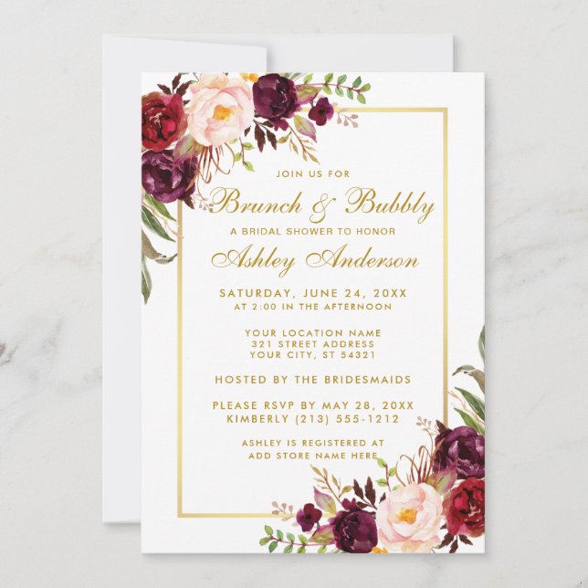 Burgundy Floral Gold Bridal Shower Brunch Invite G (Front)