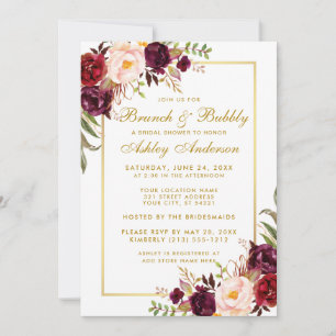 Burgundy Floral Gold Bridal Shower Brunch Invite G