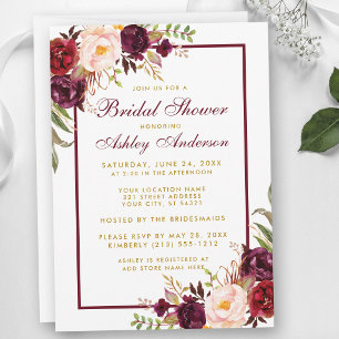 Burgundy Floral Gold Bridal Shower Invitation F