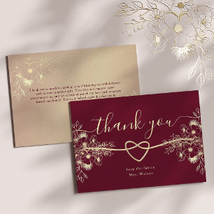 Burgundy Floral Gold Bridal Shower Thank You Card