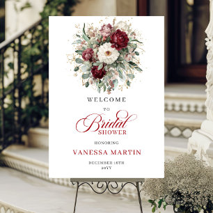 Burgundy Floral Gold Bridal Shower Welcome Poster