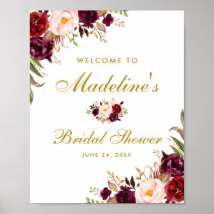 Burgundy Floral Gold Bridal Shower Welcome Poster