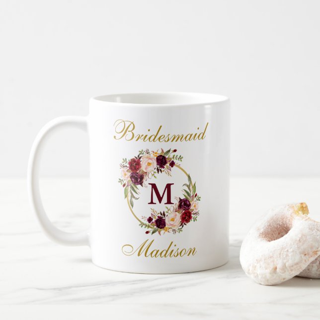 Burgundy Floral Gold Bridesmaid Monogram Coffee Mug (With Donut)