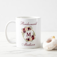 Burgundy Floral Gold Circle Monogram Bridesmaid