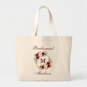 Burgundy Floral Gold Circle Monogram Bridesmaid Large Tote Bag