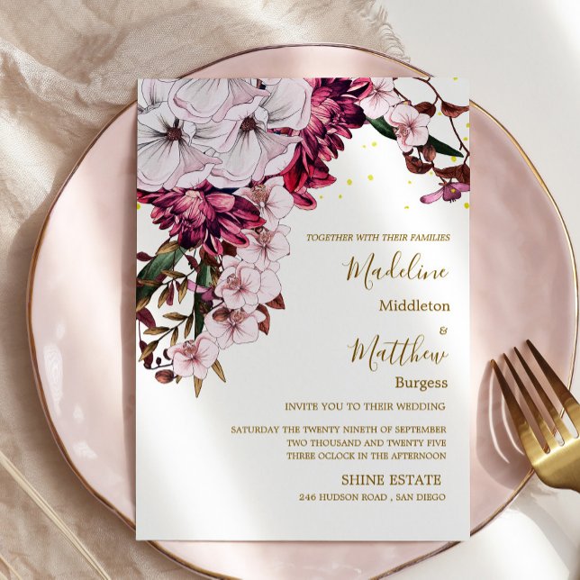 Burgundy  Floral Gold Elegant Chic Wedding Invitation (Creator Uploaded)