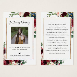 Burgundy Floral Gold Foil Frame Photo Prayer Cards