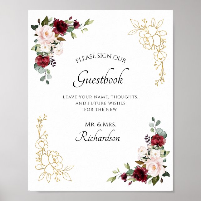 Burgundy Floral Gold Foil Sign Our Guestbook Sign (Front)