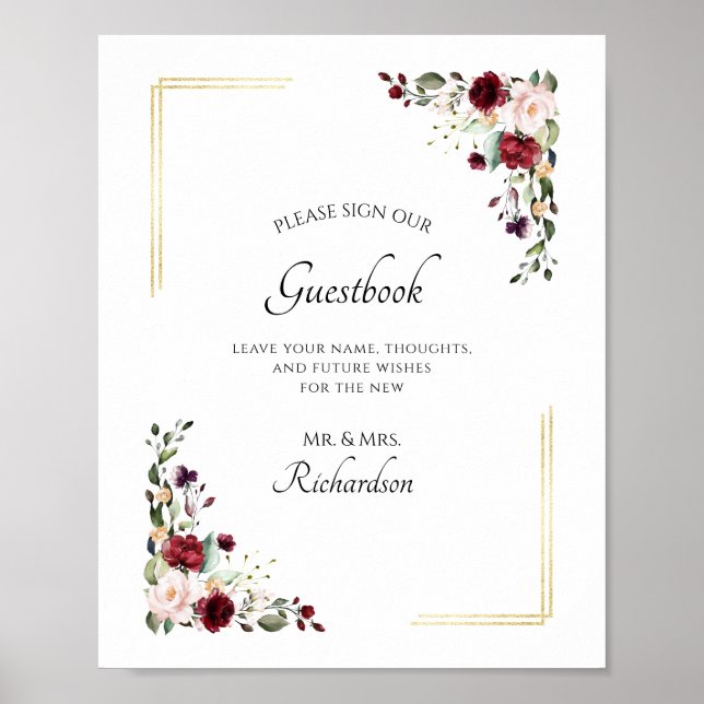 Burgundy Floral Gold Foil Sign Our Guestbook Sign (Front)