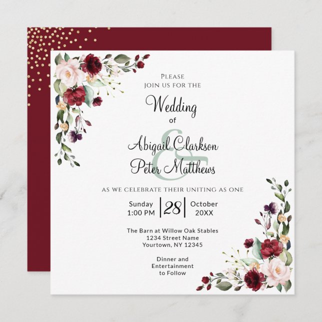 Burgundy Floral Gold Foil Square Wedding Invitation (Front/Back)