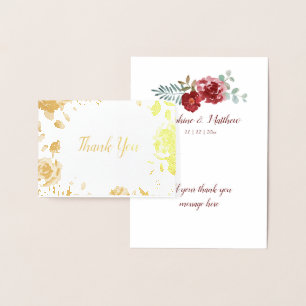 Burgundy Floral Gold Foil Wedding Thank You Note Card