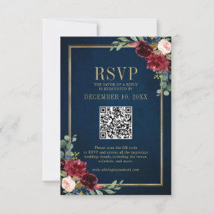 Burgundy Floral Gold Frame Navy Blue QR code RSVP Card