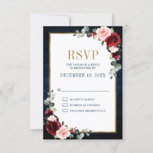 Burgundy Floral Gold Frame Navy Blue Wedding RSVP  Card