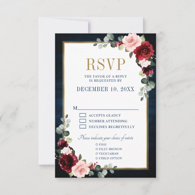 Burgundy Floral Gold Frame Navy Blue Wedding RSVP  Card (Front)
