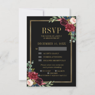 Burgundy Floral Gold Frame Navy Blue Wedding RSVP Card