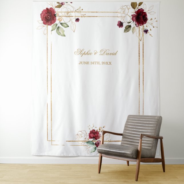 Burgundy Floral Gold Frame Photo Booth Backdrop Tapestry (In Situ)