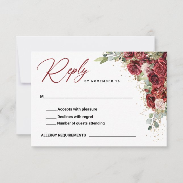 Burgundy Floral Gold Geometric Wedding RSVP Card (Front)