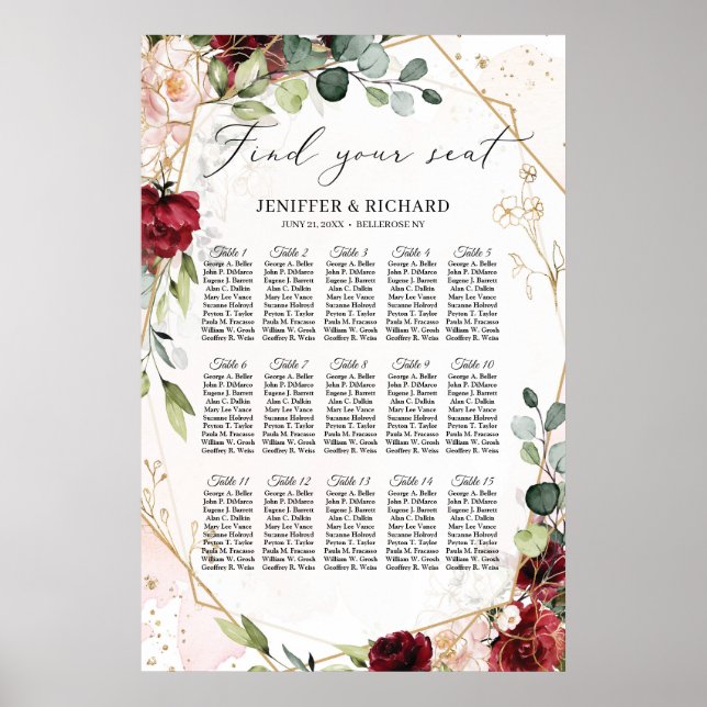 Burgundy floral gold geometric wedding seating poster (Front)