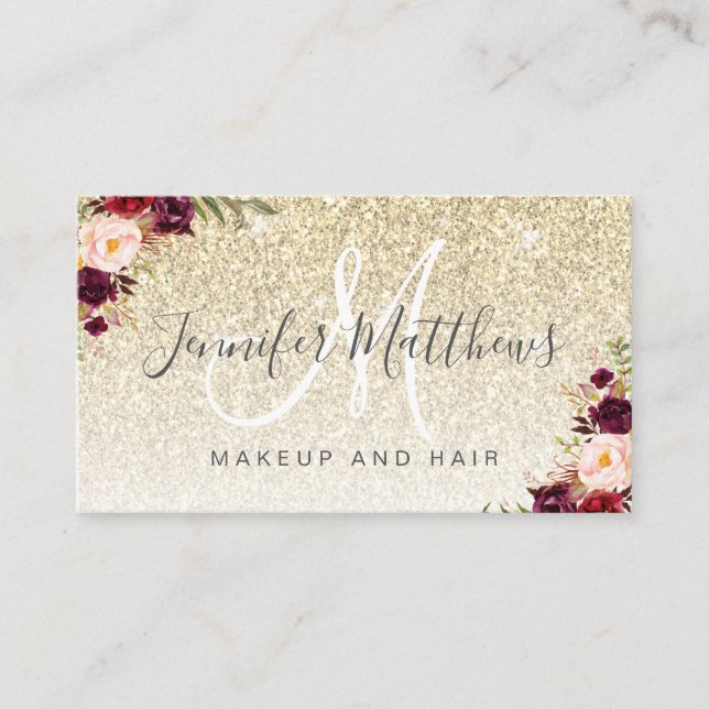 Burgundy Floral Gold Glitter Makeup COVID Safe Business Card (Front)