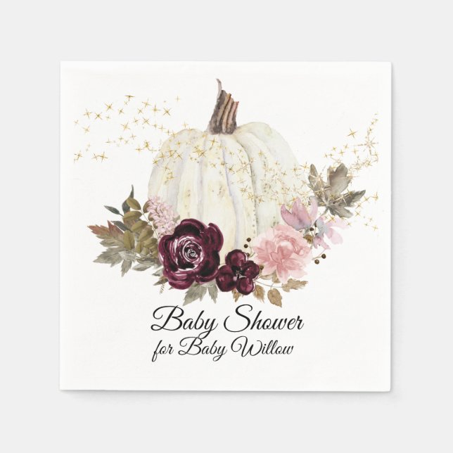 Burgundy Floral Gold Glitter Pumpkin Baby Shower Napkin (Front)