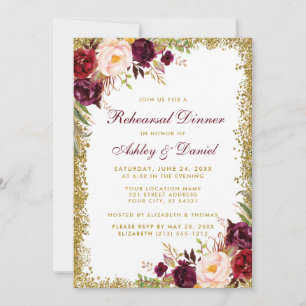 Burgundy Floral Gold Glitter Rehearsal Dinner Invitation