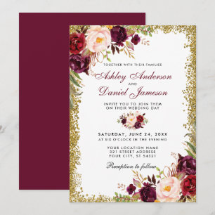 Burgundy Floral Gold Glitter Wedding Invitation GB