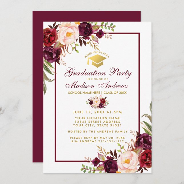 Burgundy Floral Gold Graduation Party Invitation B (Front/Back)
