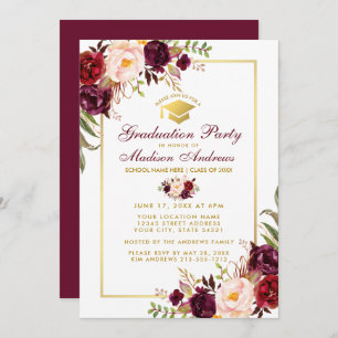 Burgundy Floral Gold Graduation Party Invite BG
