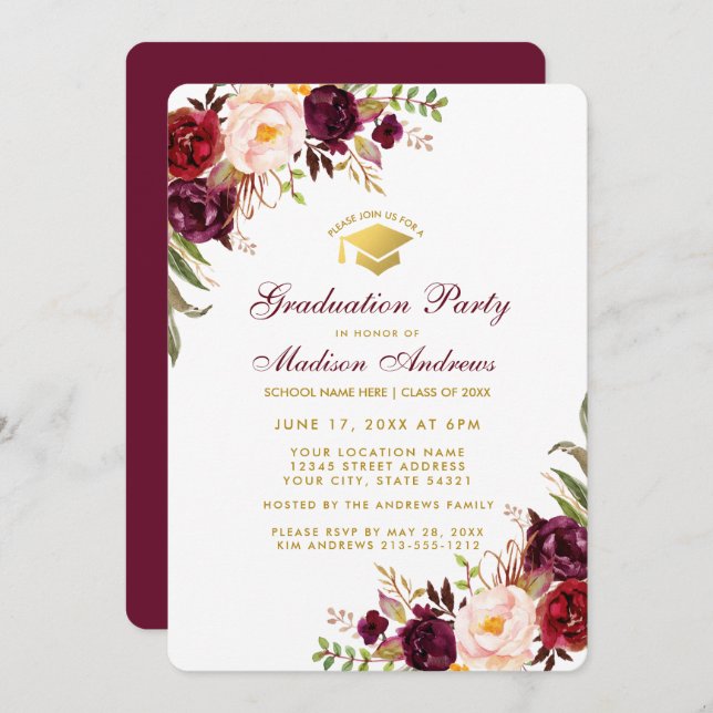 Burgundy Floral Gold Graduation Party Invite BR (Front/Back)