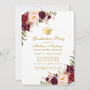 Burgundy Floral Gold Graduation Party Invite R