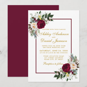 Burgundy Floral Gold Greenery Framed Wedding Invitation
