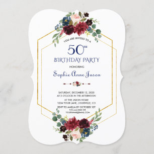 Burgundy Floral Gold Hexagon Frame 50th Birthday Invitation
