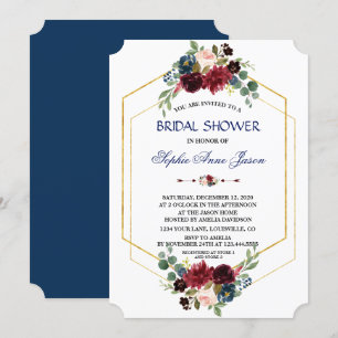 Burgundy Floral Gold Hexagon Frame Bridal Shower Invitation
