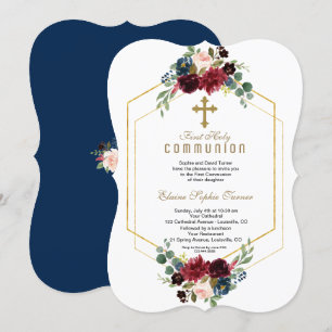Burgundy Floral Gold Hexagon Frame Holy Communion Invitation