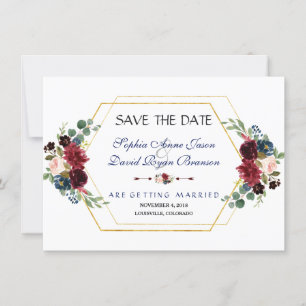Burgundy Floral Gold Hexagon Frame Save The Date