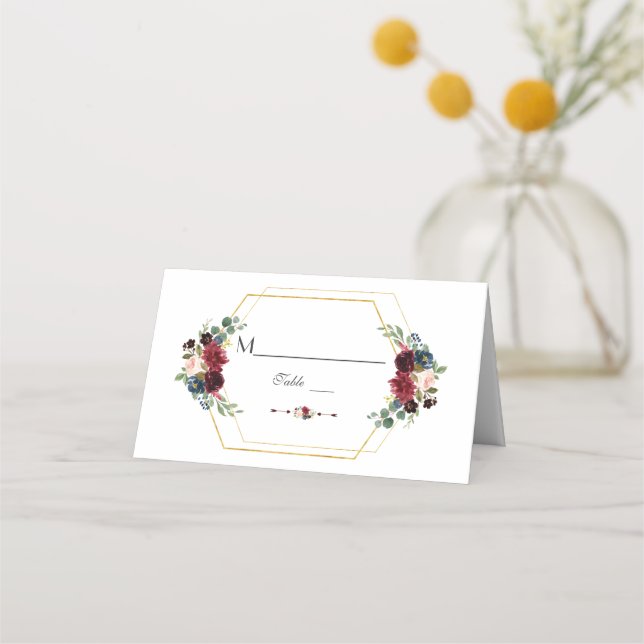Burgundy Floral Gold Hexagon Frame Table Number Place Card (Front)