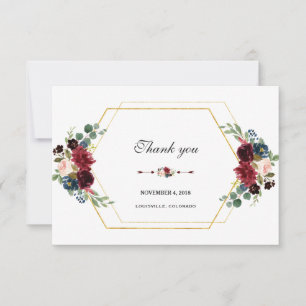 Burgundy Floral Gold Hexagon Frame Thank You Card