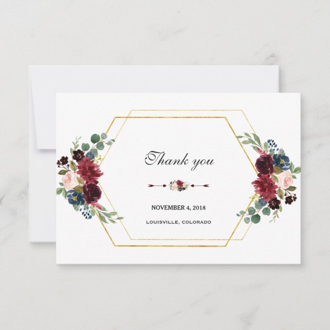 Burgundy Floral Gold Hexagon Frame Thank You Card (Front)