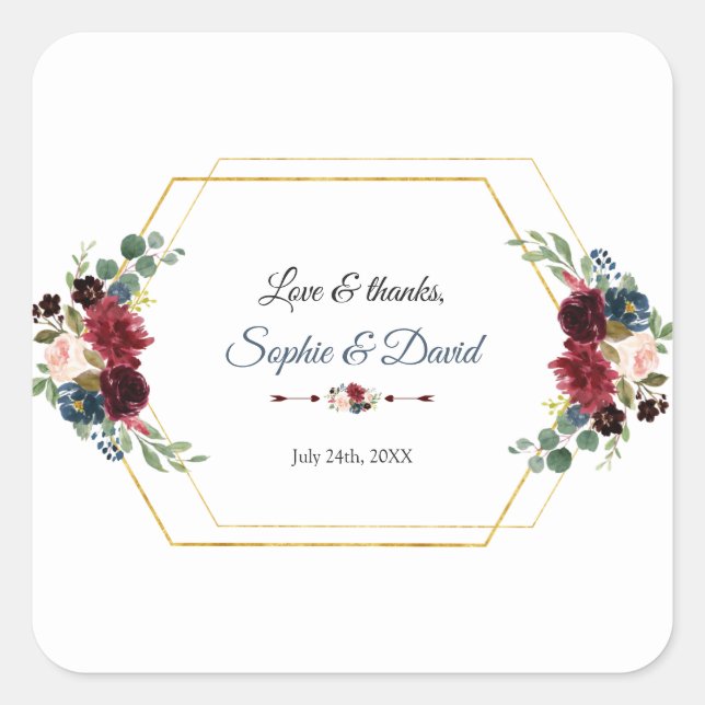 Burgundy Floral Gold Hexagon Frame Wedding Square Sticker (Front)